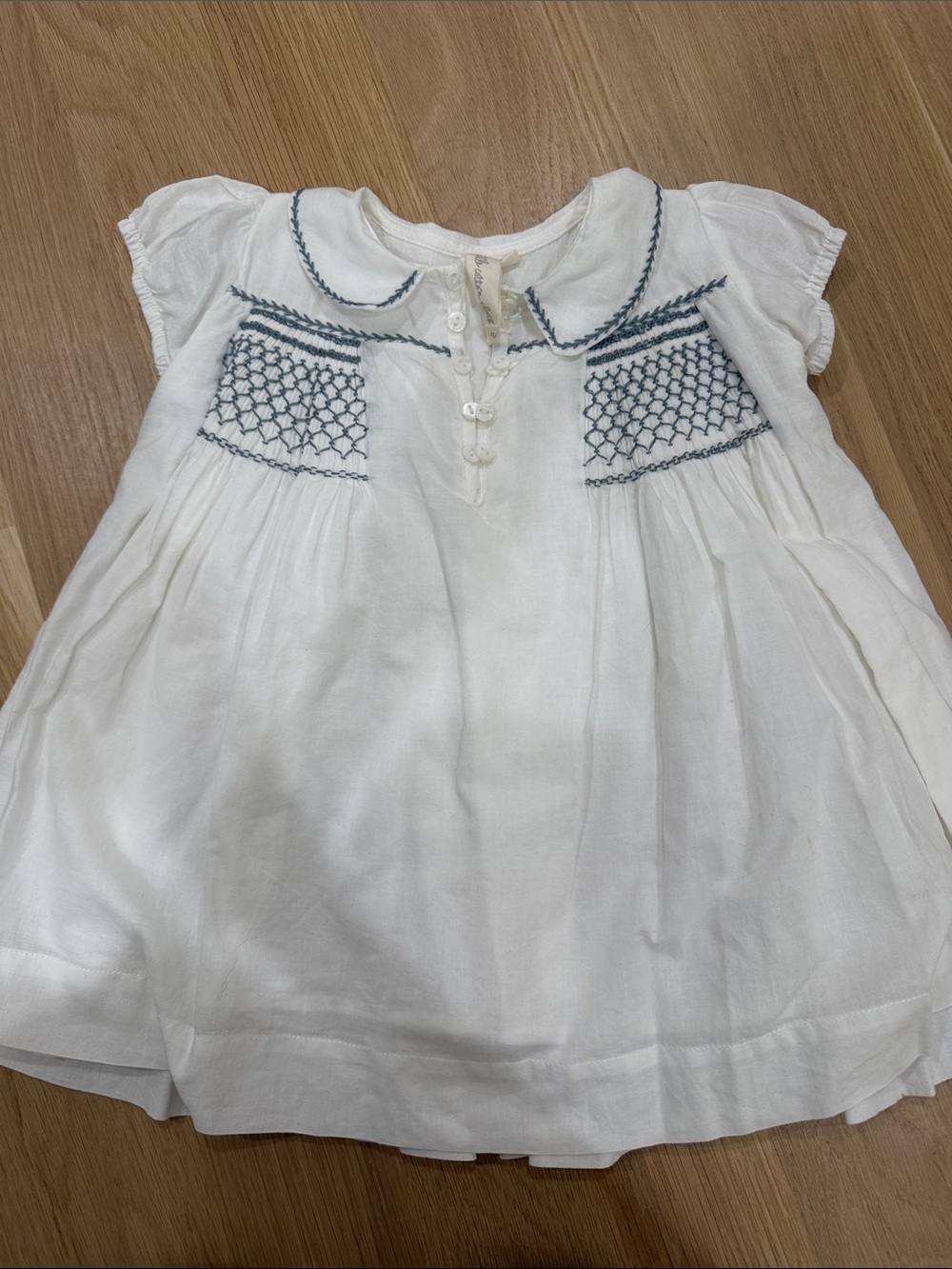 Little cotton clothes White Smocked Girls' Dress with Blue Embroidery